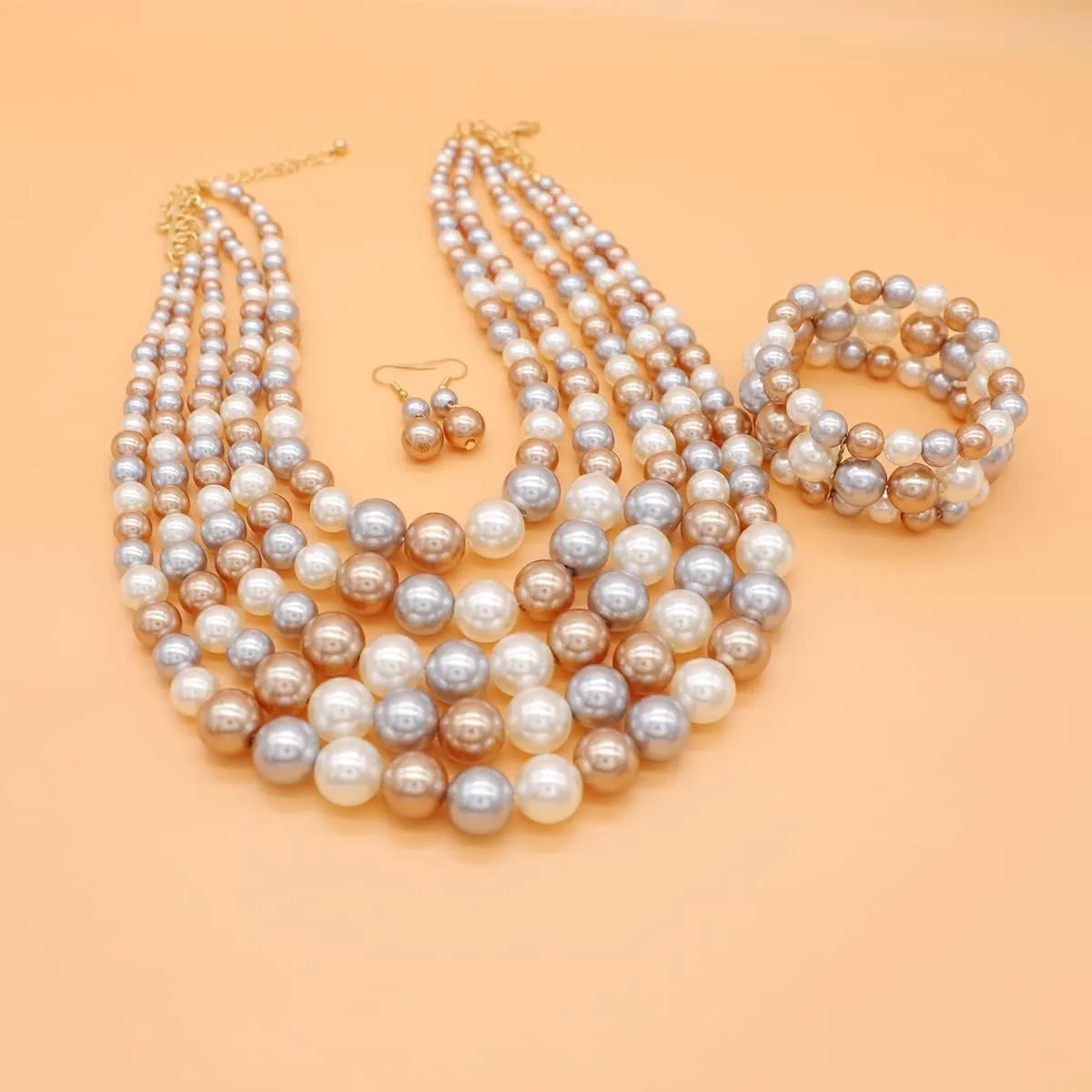 Faux Pearl Necklace Set - Multi Strand, Bib, Earrings & Bracelet - 1920s Costume Jewelry
