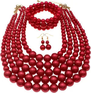 Faux Pearl Necklace Set - Multi Strand, Bib, Earrings & Bracelet - 1920s Costume Jewelry