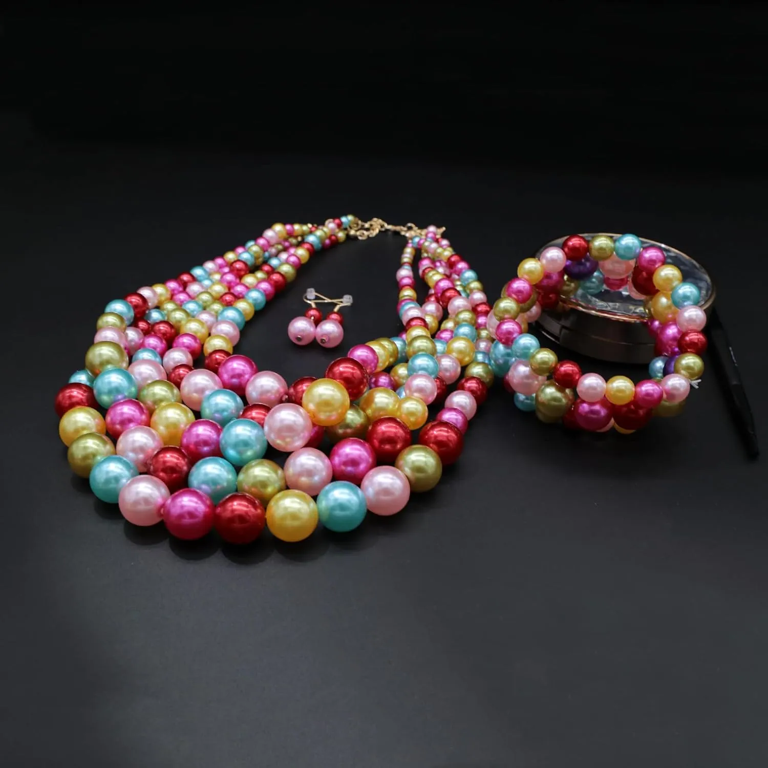Faux Pearl Necklace Set - Multi Strand, Bib, Earrings & Bracelet - 1920s Costume Jewelry