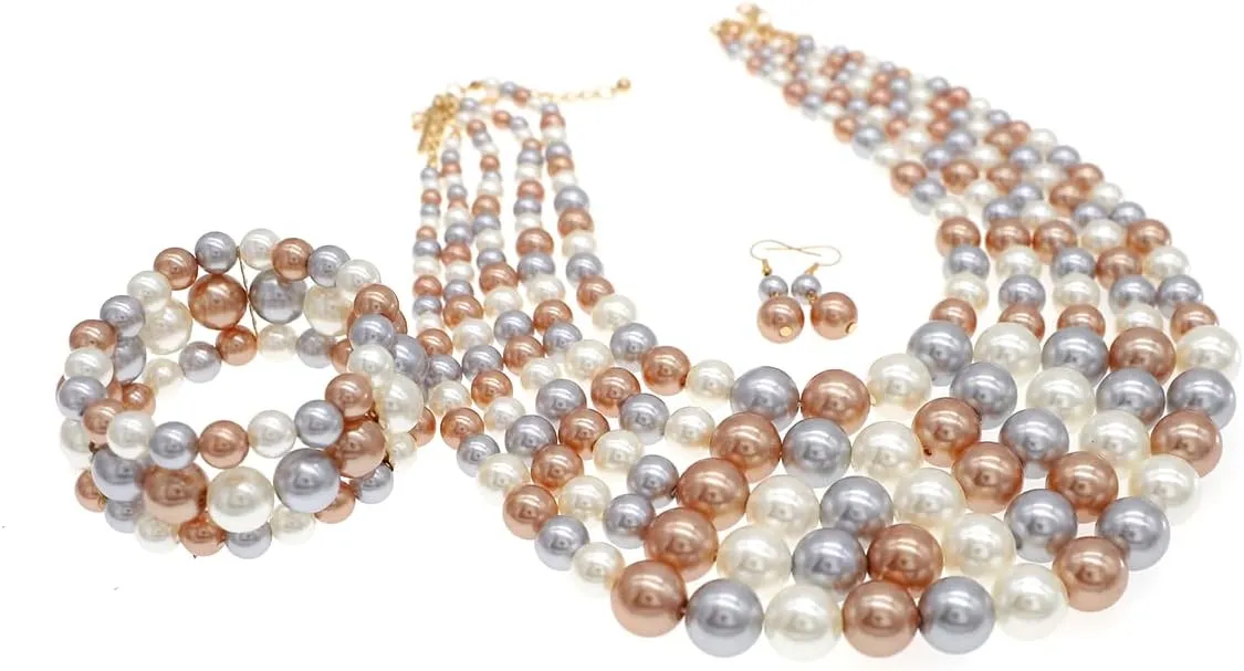 Faux Pearl Necklace Set - Multi Strand, Bib, Earrings & Bracelet - 1920s Costume Jewelry