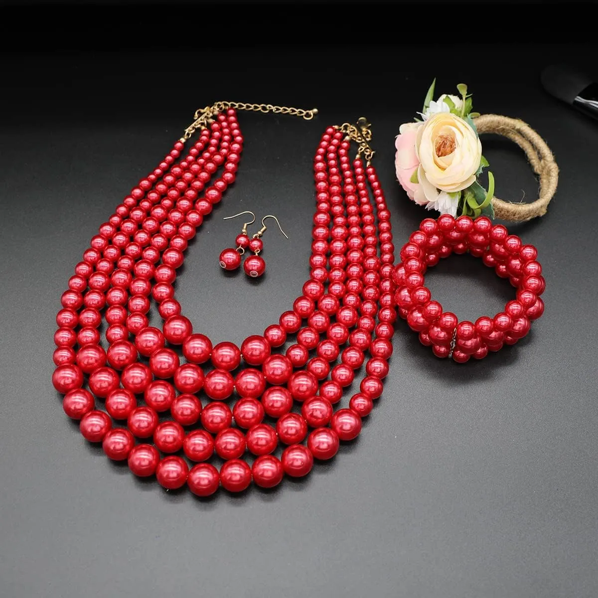 Faux Pearl Necklace Set - Multi Strand, Bib, Earrings & Bracelet - 1920s Costume Jewelry
