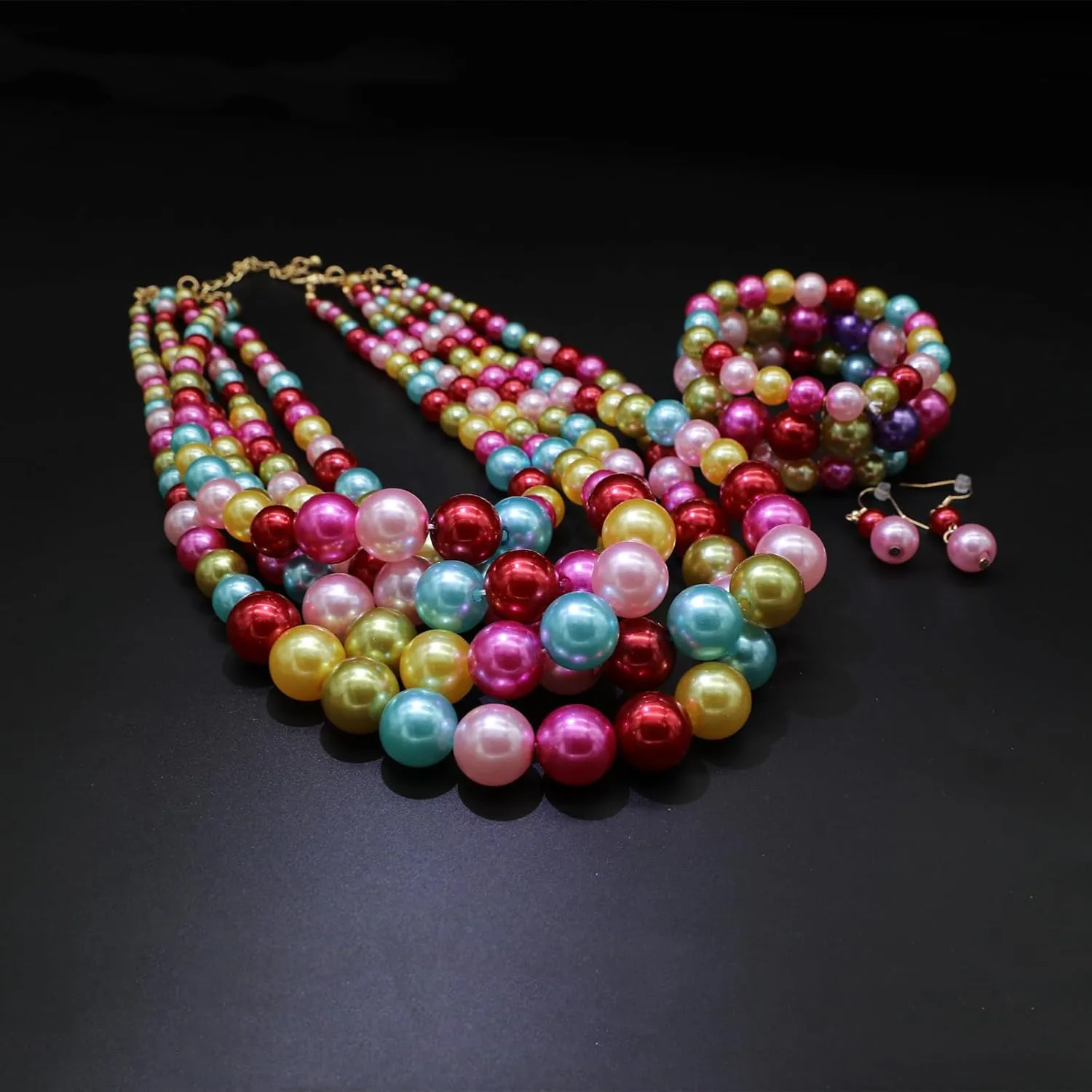 Faux Pearl Necklace Set - Multi Strand, Bib, Earrings & Bracelet - 1920s Costume Jewelry