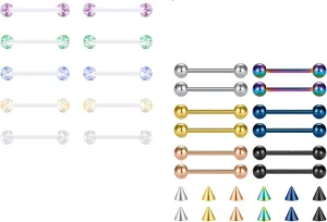 FECTAS 14G 5 Pairs Plastic Tongue Rings Nipple Rings and 6 Pairs Stainless Steel Tongue Nipple Piercing Jewelry 16mm