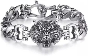 Feng Shui Bracelet, Tiger Bracelet, Vintage S925 Sterling Silver Tiger Head Bracelet, Neo Chinese Style Wealth Protection Lucky Amulet, Retro Punk Hip-hop Street Goth Bracelets