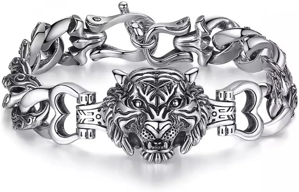 Feng Shui Bracelet, Tiger Bracelet, Vintage S925 Sterling Silver Tiger Head Bracelet, Neo Chinese Style Wealth Protection Lucky Amulet, Retro Punk Hip-hop Street Goth Bracelets