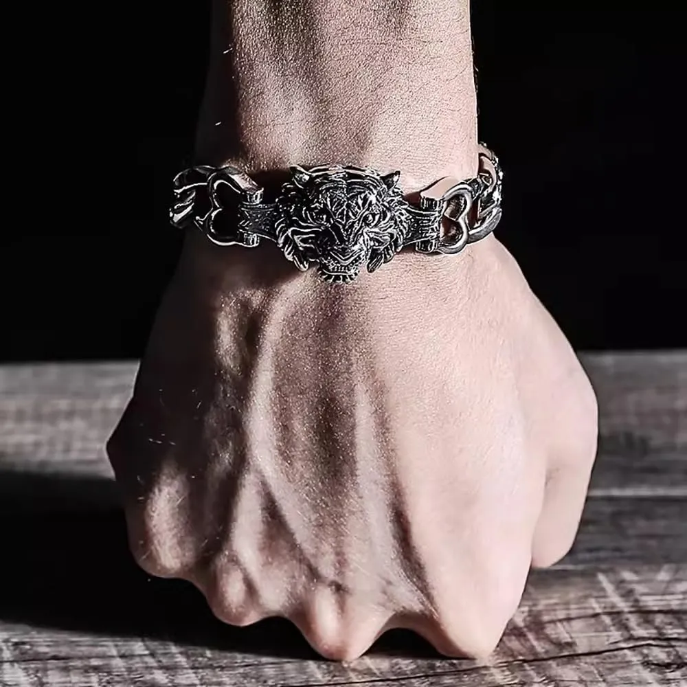 Feng Shui Bracelet, Tiger Bracelet, Vintage S925 Sterling Silver Tiger Head Bracelet, Neo Chinese Style Wealth Protection Lucky Amulet, Retro Punk Hip-hop Street Goth Bracelets