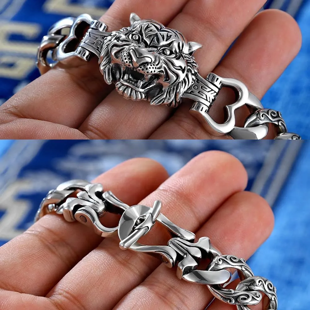 Feng Shui Bracelet, Tiger Bracelet, Vintage S925 Sterling Silver Tiger Head Bracelet, Neo Chinese Style Wealth Protection Lucky Amulet, Retro Punk Hip-hop Street Goth Bracelets