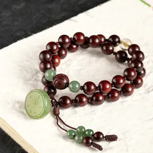 Feng Shui Pterocarpus Striata Bracelet Female Hetian Jade Lotus Bracelet Multi-Circle Wooden Prayer Beads Antique Attract Wealth Amulet