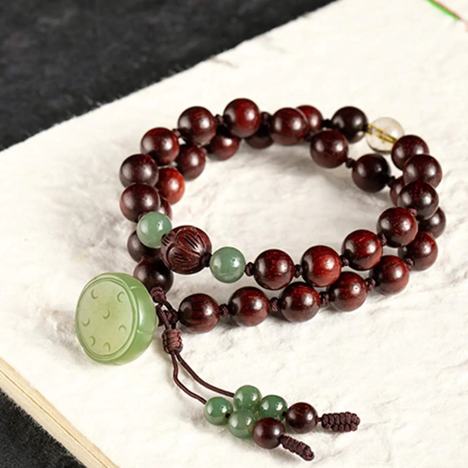 Feng Shui Pterocarpus Striata Bracelet Female Hetian Jade Lotus Bracelet Multi-Circle Wooden Prayer Beads Antique Attract Wealth Amulet