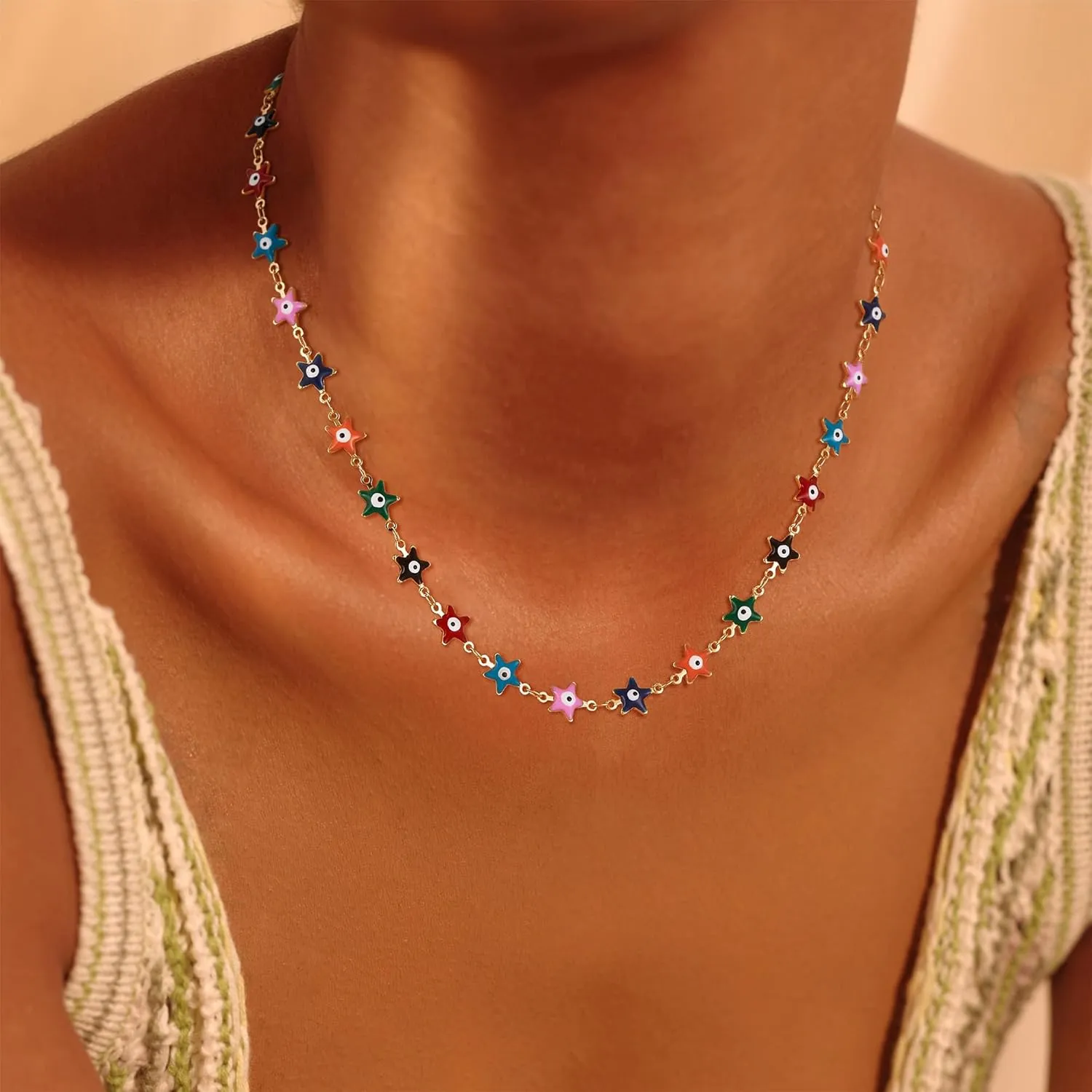Fettero Choker Necklace for Women Dainty Gold Necklace Colorful Gold Evil Eye Necklace Handmade Cute Beaded Necklace Personalized Gifts for Women Jewelry