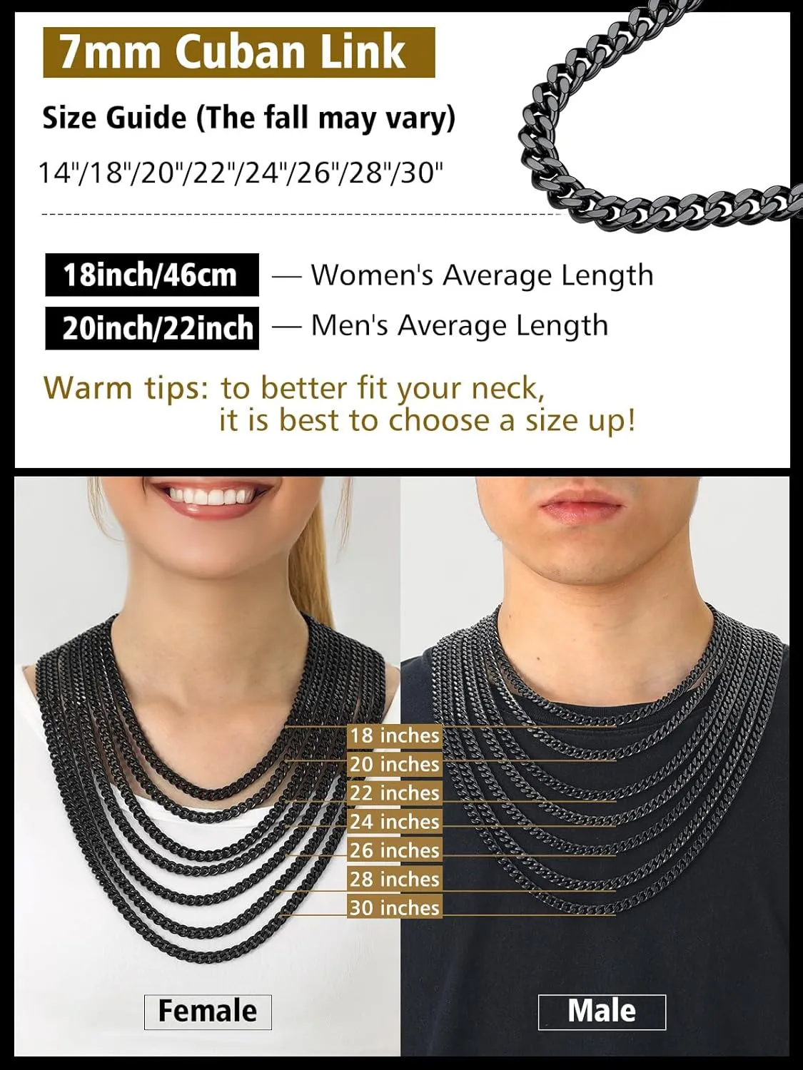 FindChic Men Curb Chain Necklace 18K Gold Plated/Stainless Steel/Black Chunky Double Tight Cuban Link Hip Hop Neck Chains for Men Boys 3.5MM/5MM/6MM/7MM/9MM/12MM 14''-30'' 8 Length Options (Send Gift Box)