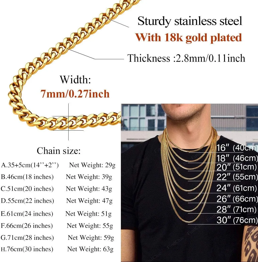 FindChic Men Curb Chain Necklace 18K Gold Plated/Stainless Steel/Black Chunky Double Tight Cuban Link Hip Hop Neck Chains for Men Boys 3.5MM/5MM/6MM/7MM/9MM/12MM 14''-30'' 8 Length Options (Send Gift Box)
