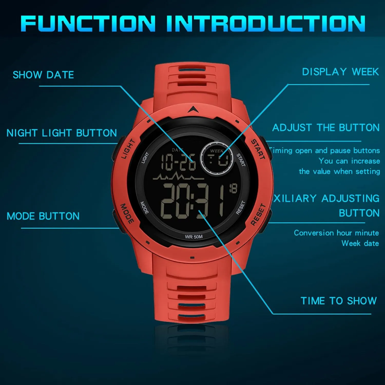 findtime Red Mens Digital Sports Watch for Women, Reloj para Hombre Tactical Military 5ATM Waterproof Watches for Men with LED Back Ligh/Alarm/Date/12/24H Stopwatch Outdoor Unisex