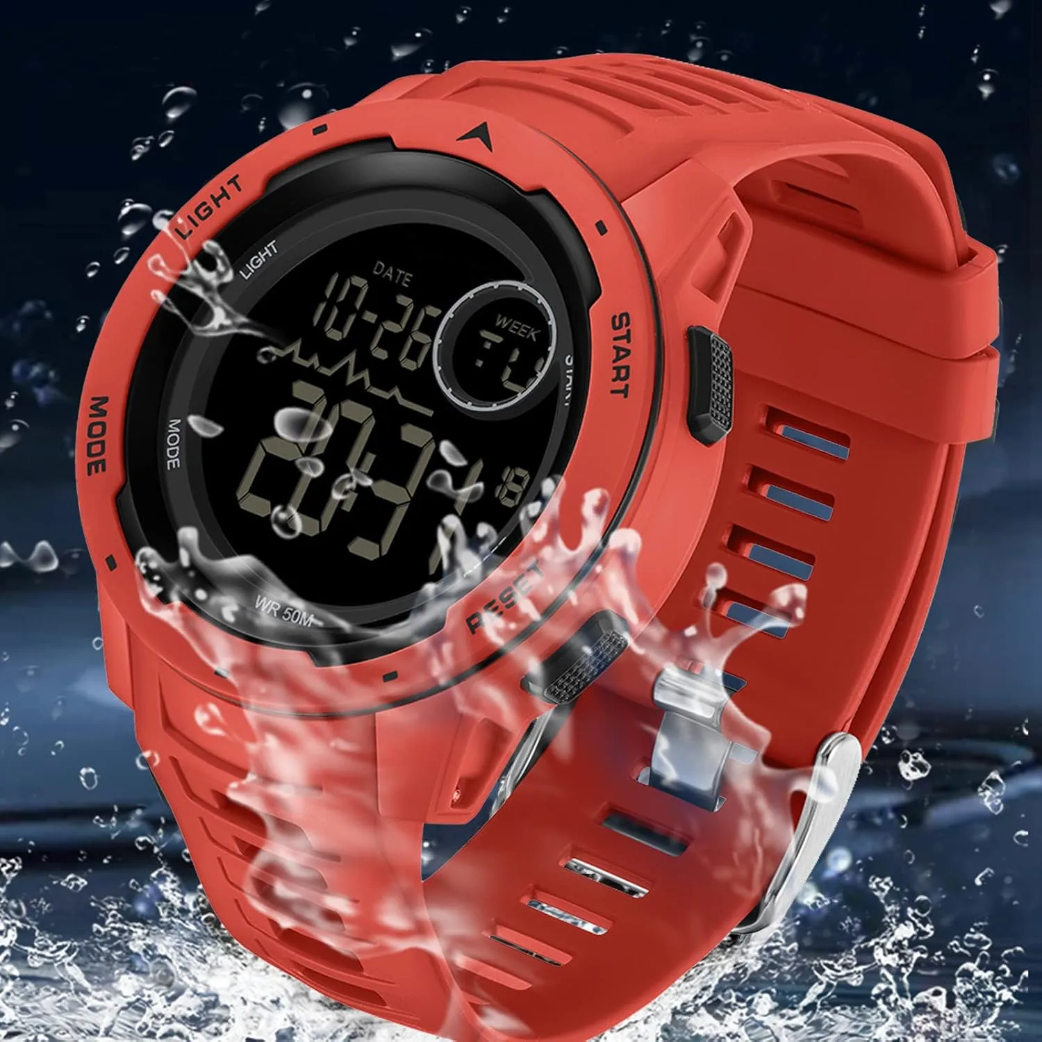 findtime Red Mens Digital Sports Watch for Women, Reloj para Hombre Tactical Military 5ATM Waterproof Watches for Men with LED Back Ligh/Alarm/Date/12/24H Stopwatch Outdoor Unisex