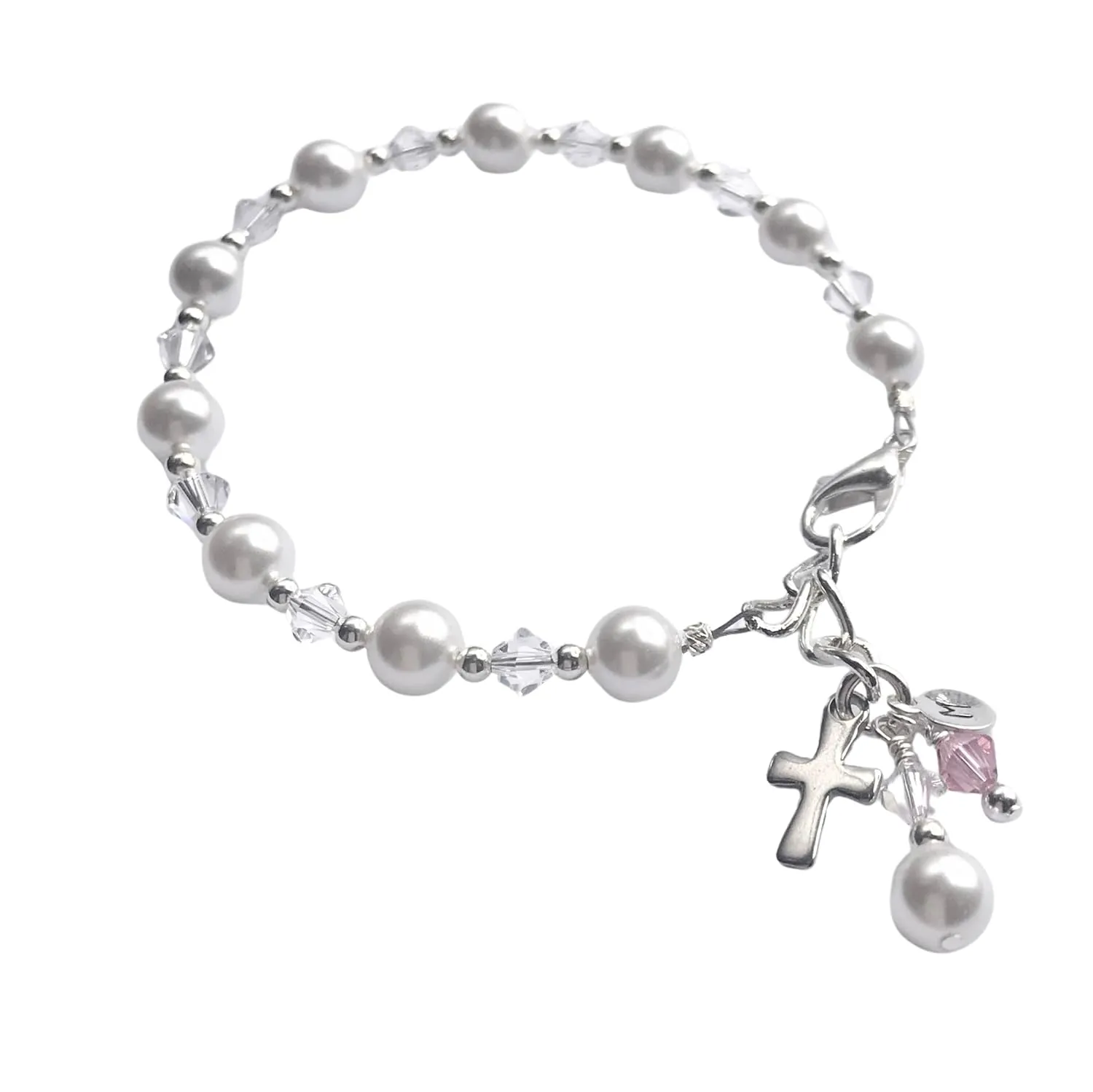 First Communion Rosary Bracelet for Girls - Elegant First Holy Communion Bracelet with Pearls, Austrian Crystals & Optional Initial & Birthstone - Personalized First Communion Gift
