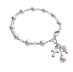 First Communion Rosary Bracelet for Girls - Elegant First Holy Communion Bracelet with Pearls, Austrian Crystals & Optional Initial & Birthstone - Personalized First Communion Gift