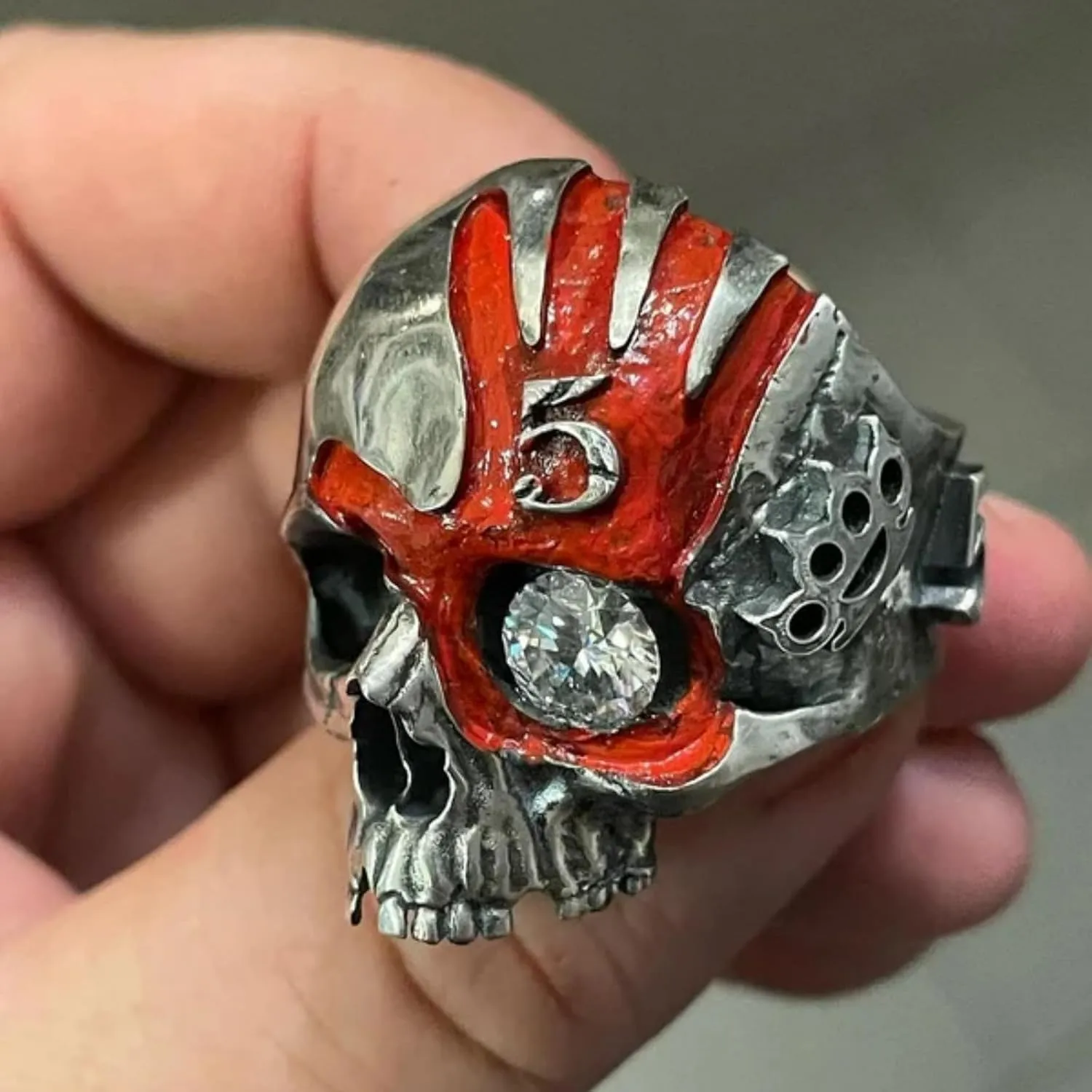 Five Finger Death Punch Skull Ring,Retro Halloween Deathskull Ring,Silver Black Gothic Death Style Jewelry,Unique Gothic Style Ring for Men