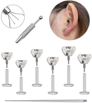 Flat Back Stud Earrings for Women Hypoallergenic Surgical Steel Internal Thread Tragus Helix Cartilage Conch Nose Monroe Labret Medusa Piercing Jewelry /Be Equipped With Piercing Ball Grabber Tool(18G/20G - Gold/Silver/Black/Rose Gold)