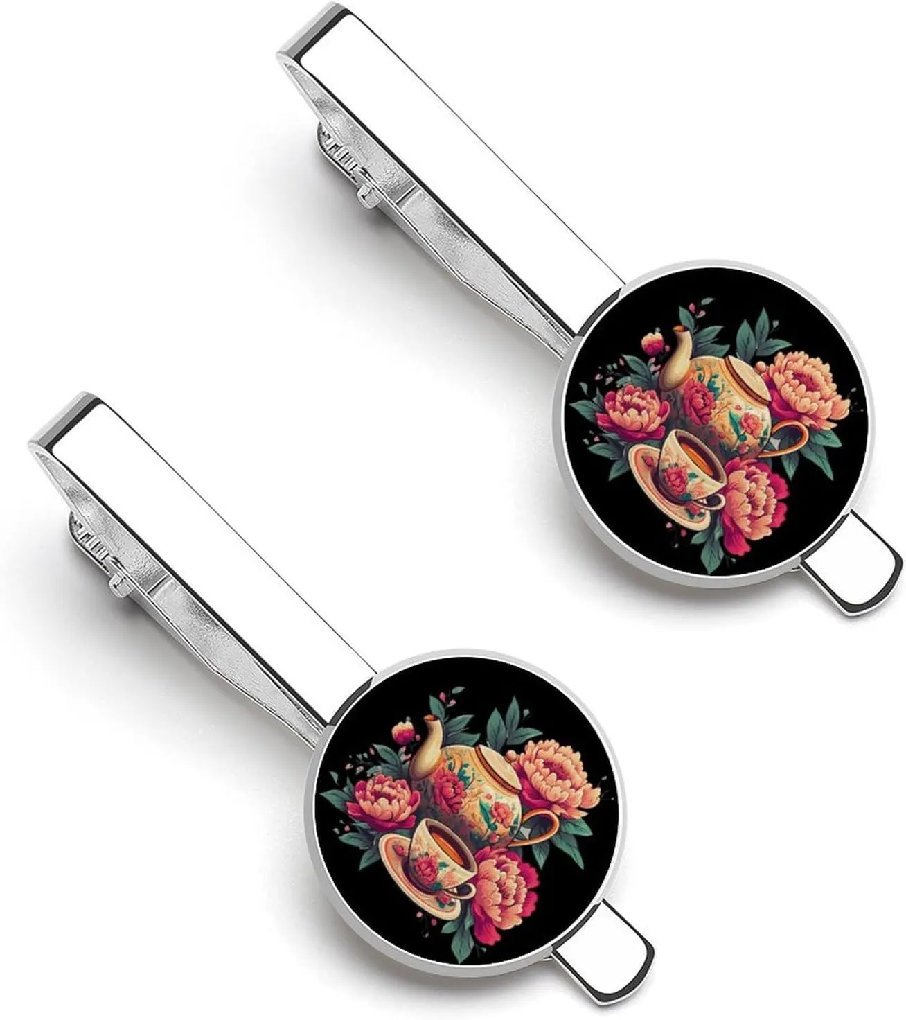 Floral Flowers Tea Cup Teapot Men's Tie Clip Tie Bar Round Tie Clasp Classic Tie Tack Pins Jewelry Accessories