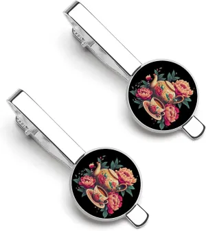 Floral Flowers Tea Cup Teapot Men's Tie Clip Tie Bar Round Tie Clasp Classic Tie Tack Pins Jewelry Accessories