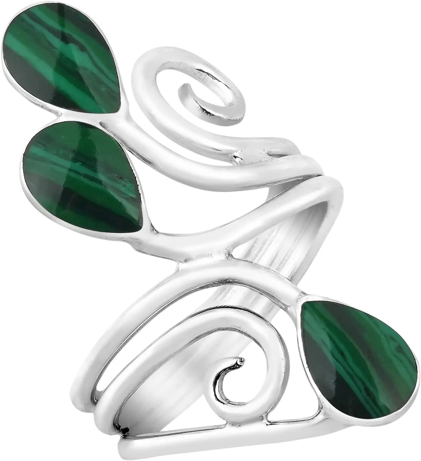 Floral Vine Ornate Teardrop Green Malachite Sterling Silver Ring