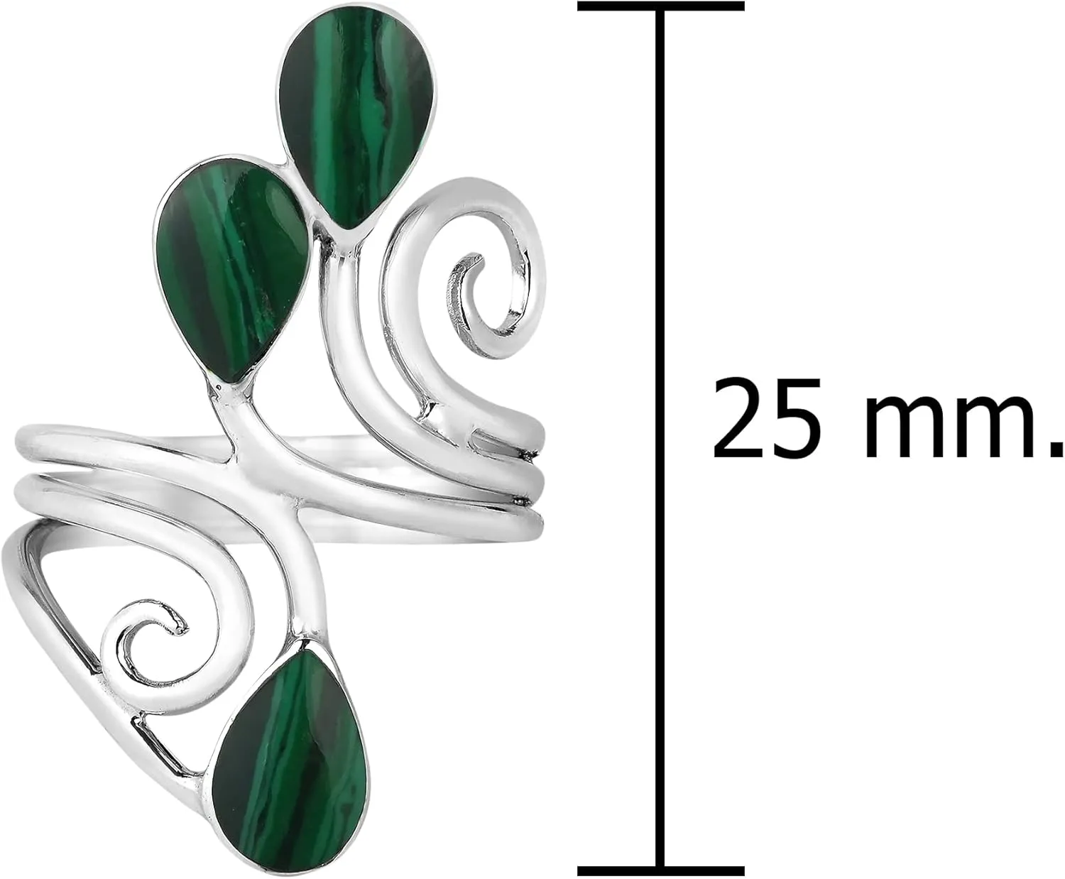 Floral Vine Ornate Teardrop Green Malachite Sterling Silver Ring