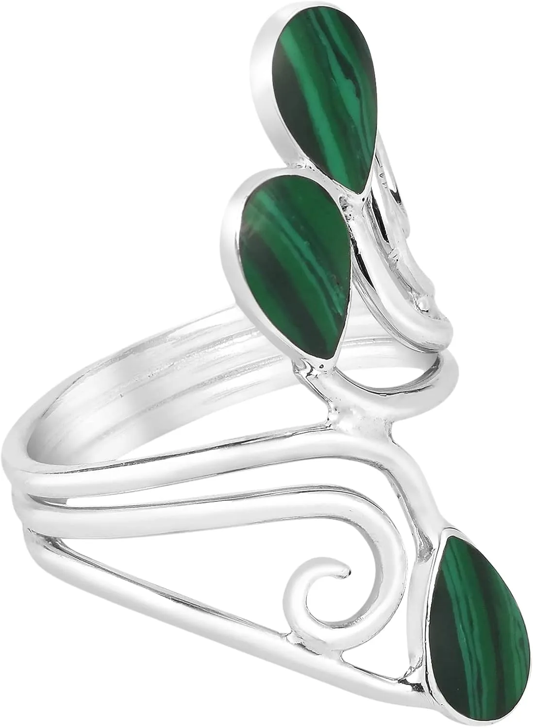 Floral Vine Ornate Teardrop Green Malachite Sterling Silver Ring
