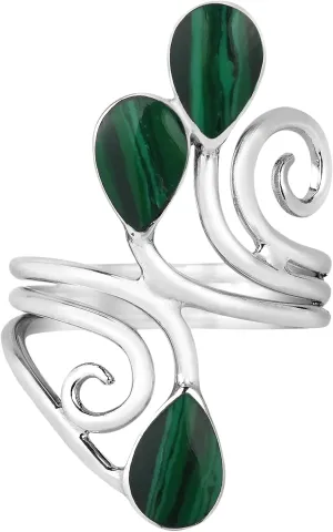 Floral Vine Ornate Teardrop Green Malachite Sterling Silver Ring