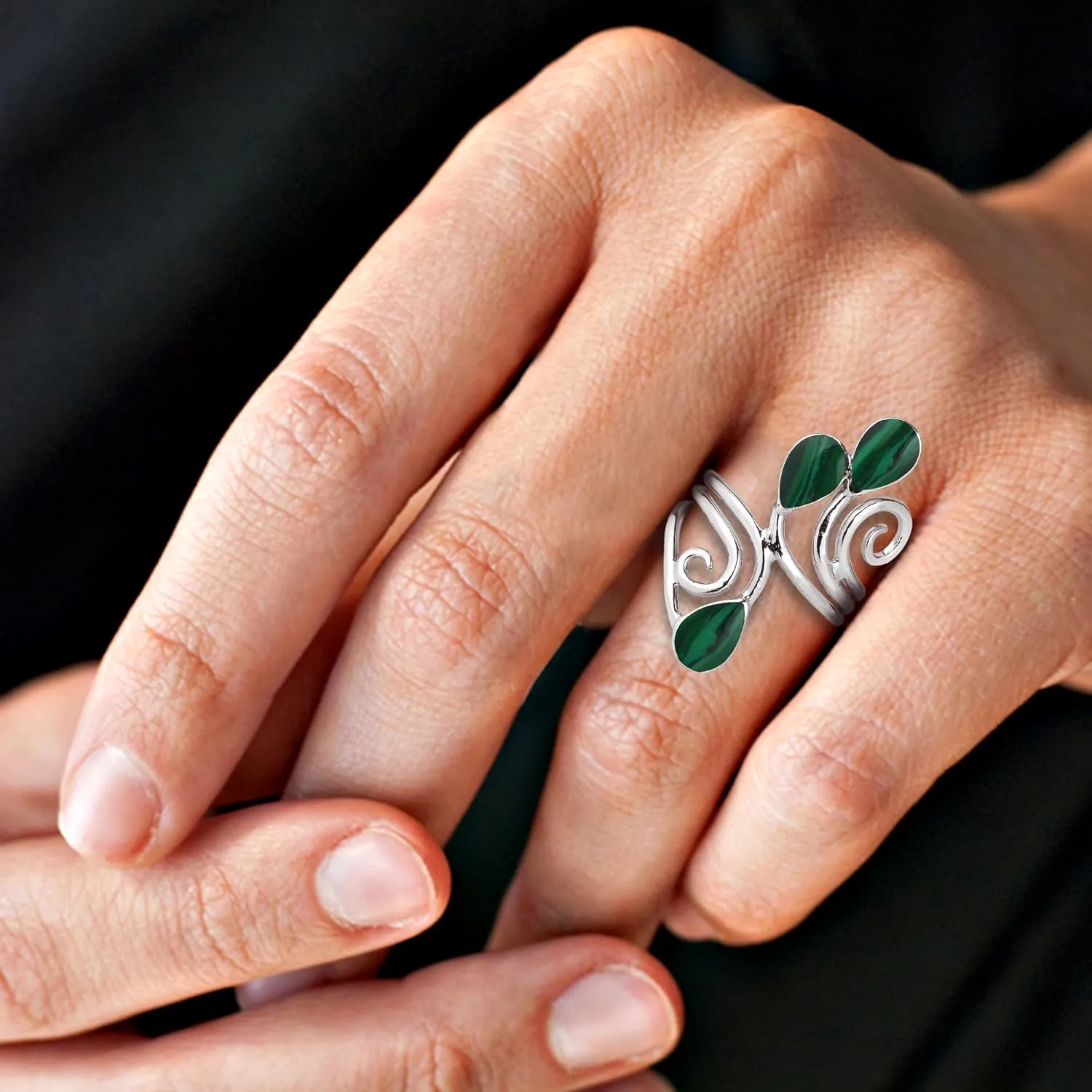 Floral Vine Ornate Teardrop Green Malachite Sterling Silver Ring