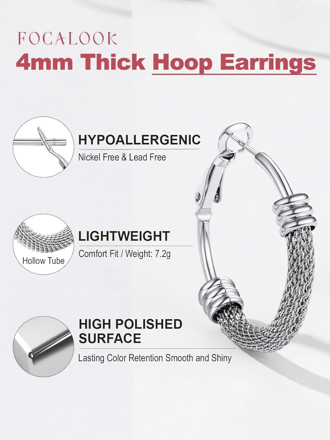 FOCALOOK 14K Gold Hoop Earrings, Lightweight Hypoallergenic Large Stainless Steel Black Hoops for Women 30/40/60/80mm