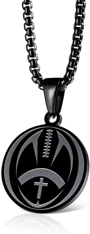 Football Medal Necklace - 1" Round Stainless Steel Football Cross Athletes Pendant with Inspiring Philippians 4:13 Necklace for Boys Easter Gift