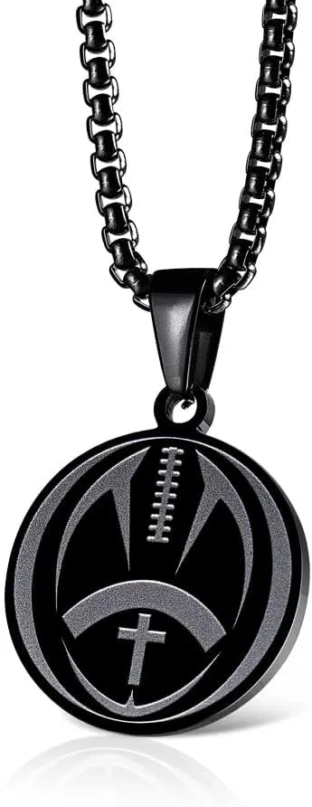 Football Medal Necklace - 1" Round Stainless Steel Football Cross Athletes Pendant with Inspiring Philippians 4:13 Necklace for Boys Easter Gift