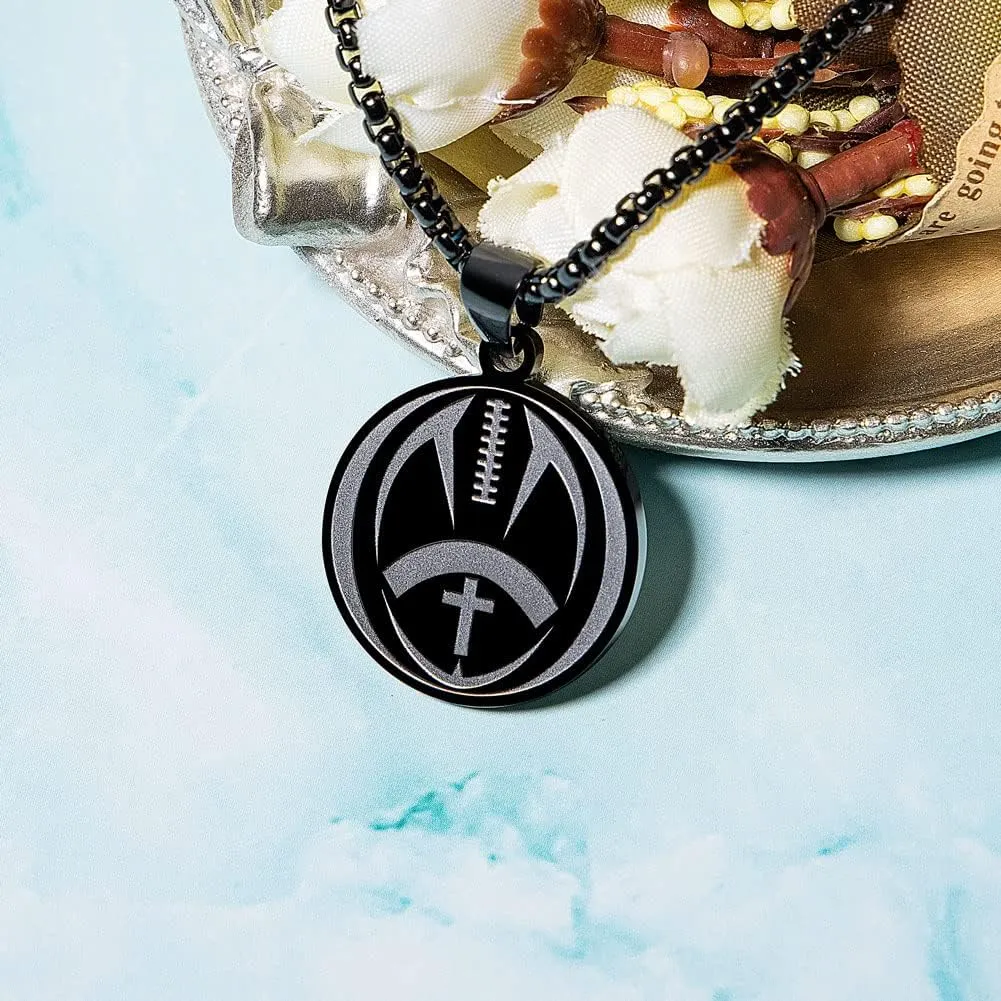 Football Medal Necklace - 1" Round Stainless Steel Football Cross Athletes Pendant with Inspiring Philippians 4:13 Necklace for Boys Easter Gift
