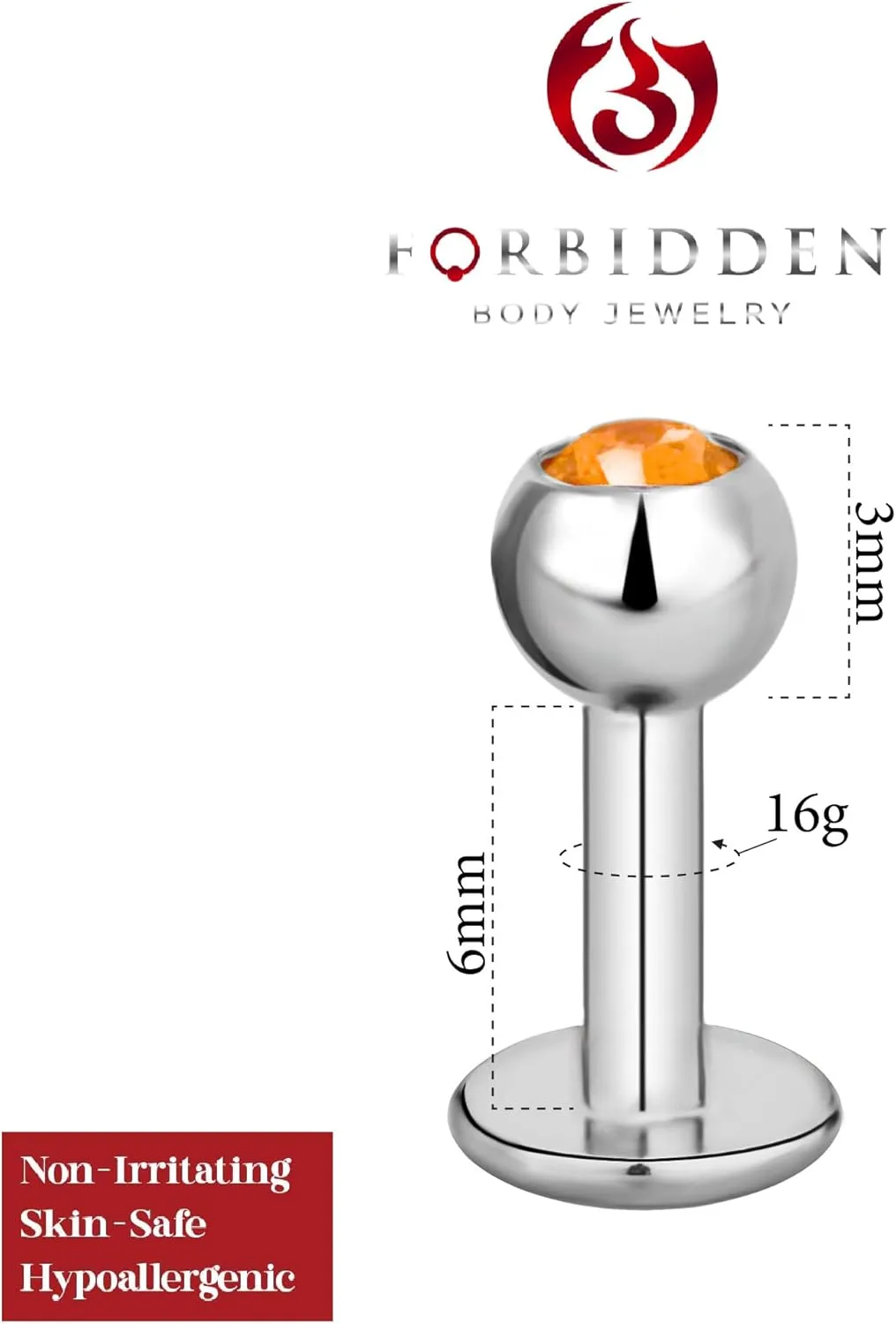 Forbidden Body Jewelry 16g 6mm Surgical Steel Tragus Earring, Helix Earring and Labret Piercing Stud, 3mm Press Fit CZ Top