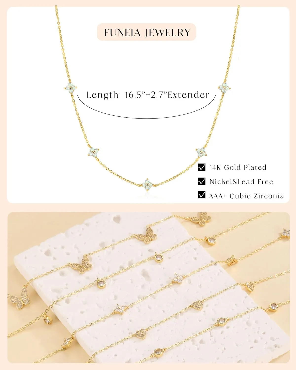 FUNEIA Dainty Silver Gold Necklaces for Women Trendy Non Tarnish 14K Gold Plated Cubic Zirconia Necklace Layered Cute Butterfly Heart Station Choker Necklace Stack for Wedding Prom Brides Jewelry