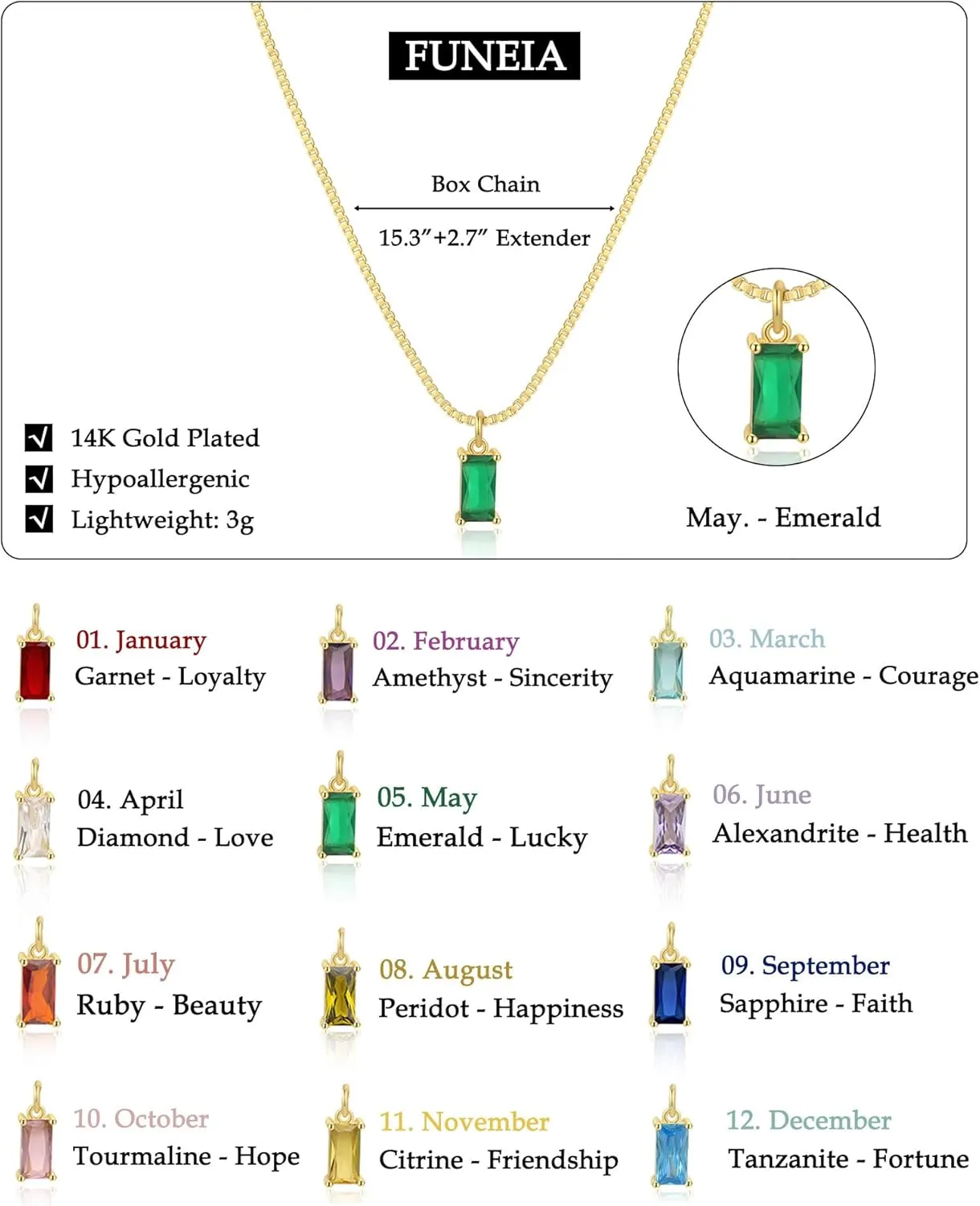 FUNEIA Diamond Necklaces for Women 14K Gold Plated Emerald Birthstone Necklace for Women Mothers Dainty Gold Necklace Blue Green Cubic Zirconia Pendant Necklace Birthday Gifts for Women Jewelry