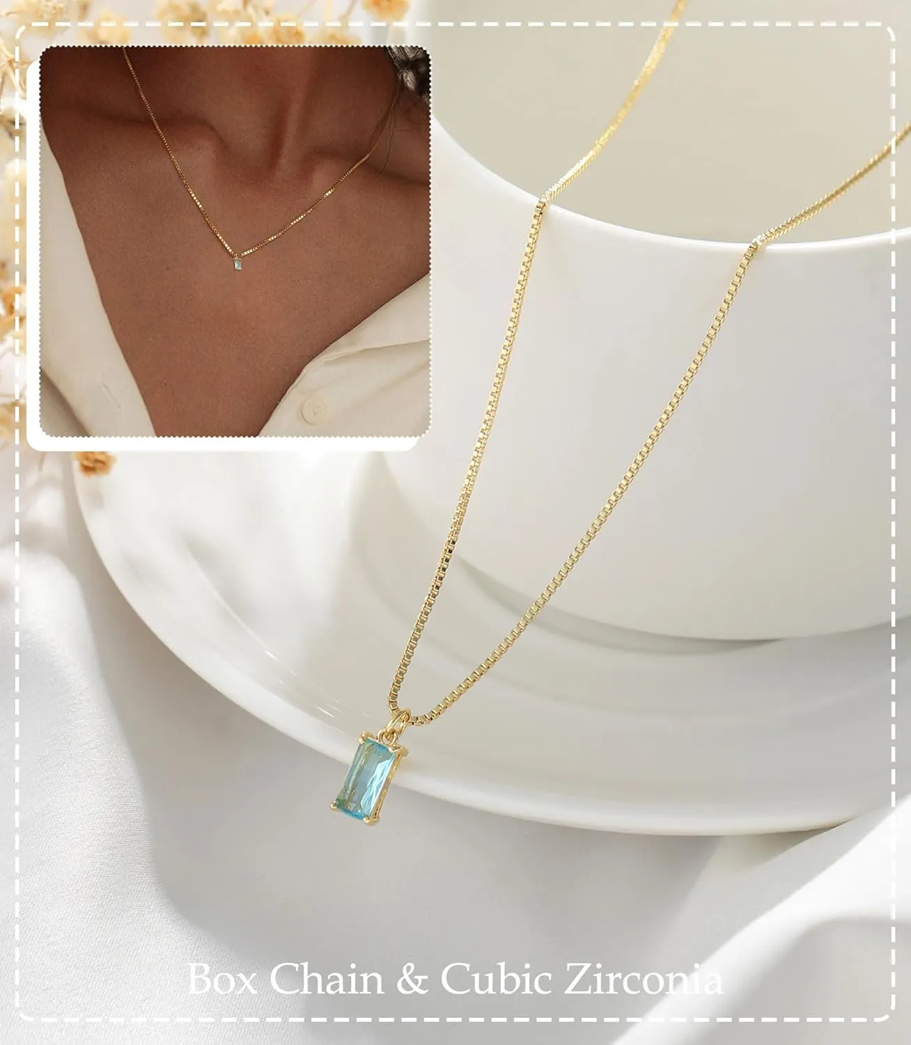 FUNEIA Diamond Necklaces for Women 14K Gold Plated Emerald Birthstone Necklace for Women Mothers Dainty Gold Necklace Blue Green Cubic Zirconia Pendant Necklace Birthday Gifts for Women Jewelry