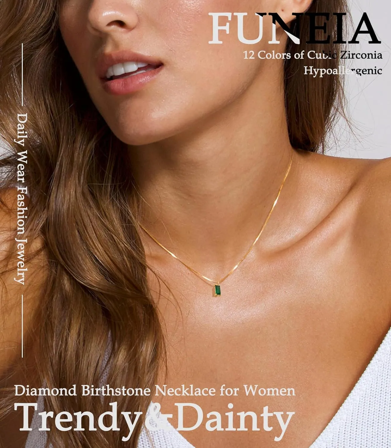 FUNEIA Diamond Necklaces for Women 14K Gold Plated Emerald Birthstone Necklace for Women Mothers Dainty Gold Necklace Blue Green Cubic Zirconia Pendant Necklace Birthday Gifts for Women Jewelry