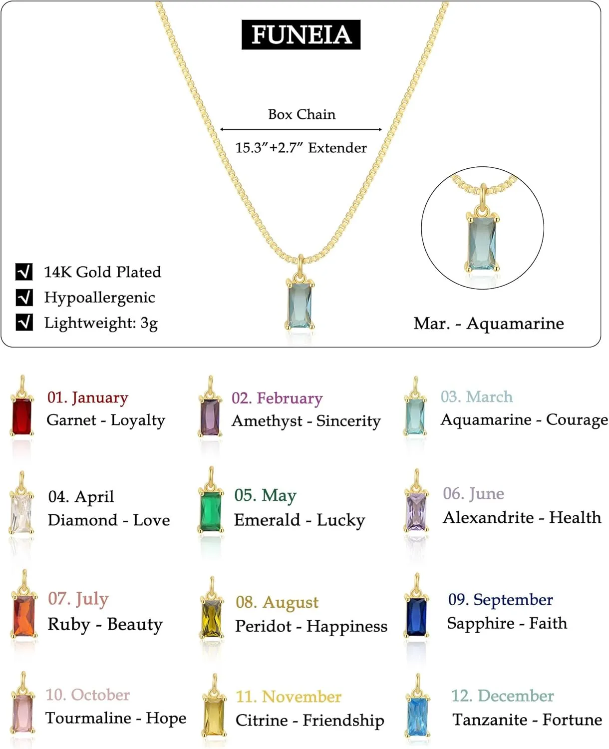 FUNEIA Diamond Necklaces for Women 14K Gold Plated Emerald Birthstone Necklace for Women Mothers Dainty Gold Necklace Blue Green Cubic Zirconia Pendant Necklace Birthday Gifts for Women Jewelry