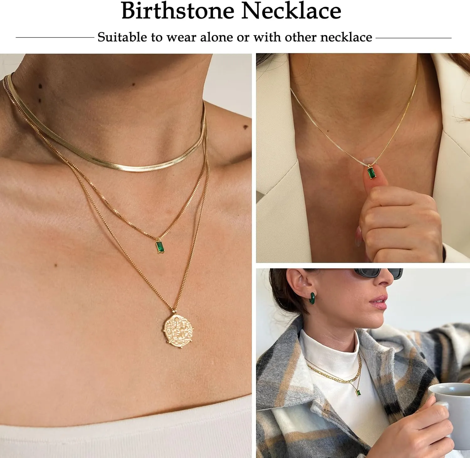 FUNEIA Diamond Necklaces for Women 14K Gold Plated Emerald Birthstone Necklace for Women Mothers Dainty Gold Necklace Blue Green Cubic Zirconia Pendant Necklace Birthday Gifts for Women Jewelry