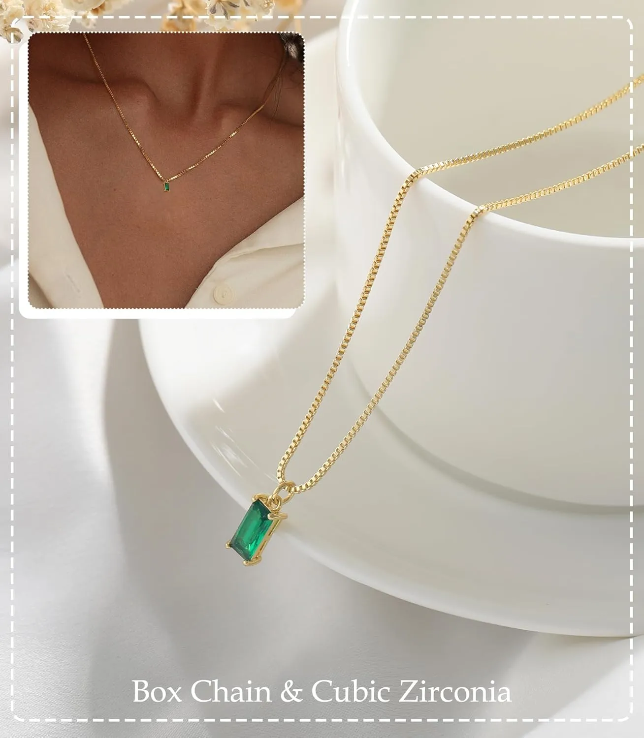FUNEIA Diamond Necklaces for Women 14K Gold Plated Emerald Birthstone Necklace for Women Mothers Dainty Gold Necklace Blue Green Cubic Zirconia Pendant Necklace Birthday Gifts for Women Jewelry