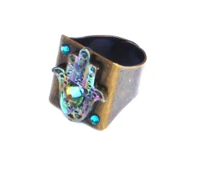 Funky Large Adjustable Antiqued Gold Hamsa Ring with Colorful Hand Tinted Accents and Sparkling Rhinestones Bohemian Jewelry for Women Teen Girls