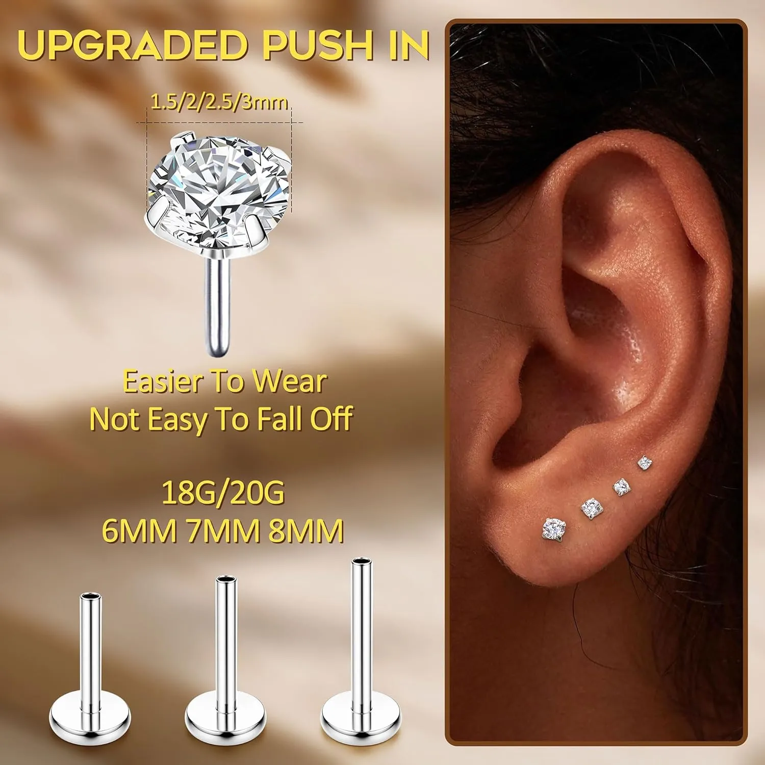 FUNRUN JEWELRY 14K Gold Nose Studs For Women 316L Surgical Steel Threadless Nose Ring Lip Studs Push In Flat Back Stud Earrings Cz Nose Nostril Tragus Helix Body Piercing Jewelry Silver Gold 20G 18G