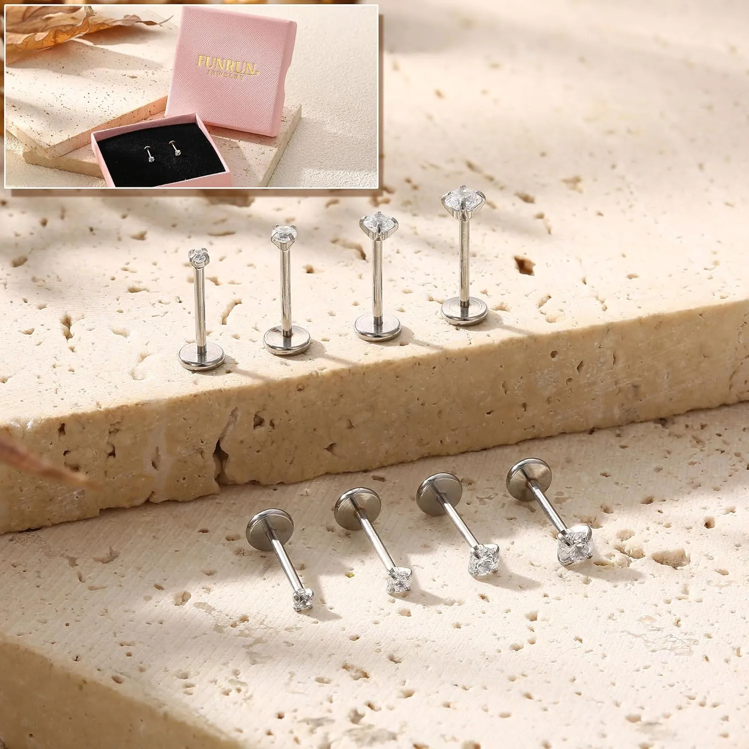 FUNRUN JEWELRY 14K Gold Nose Studs For Women 316L Surgical Steel Threadless Nose Ring Lip Studs Push In Flat Back Stud Earrings Cz Nose Nostril Tragus Helix Body Piercing Jewelry Silver Gold 20G 18G
