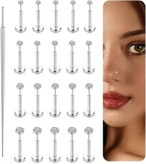 FUNRUN JEWELRY 14K Gold Nose Studs For Women 316L Surgical Steel Threadless Nose Ring Lip Studs Push In Flat Back Stud Earrings Cz Nose Nostril Tragus Helix Body Piercing Jewelry Silver Gold 20G 18G