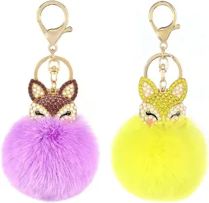 Fur Ball Pom Pom Keychain with Cute Alloy Fox Head Studded with Rhinestone Fashion Bag Charm Pendant for Women Girls