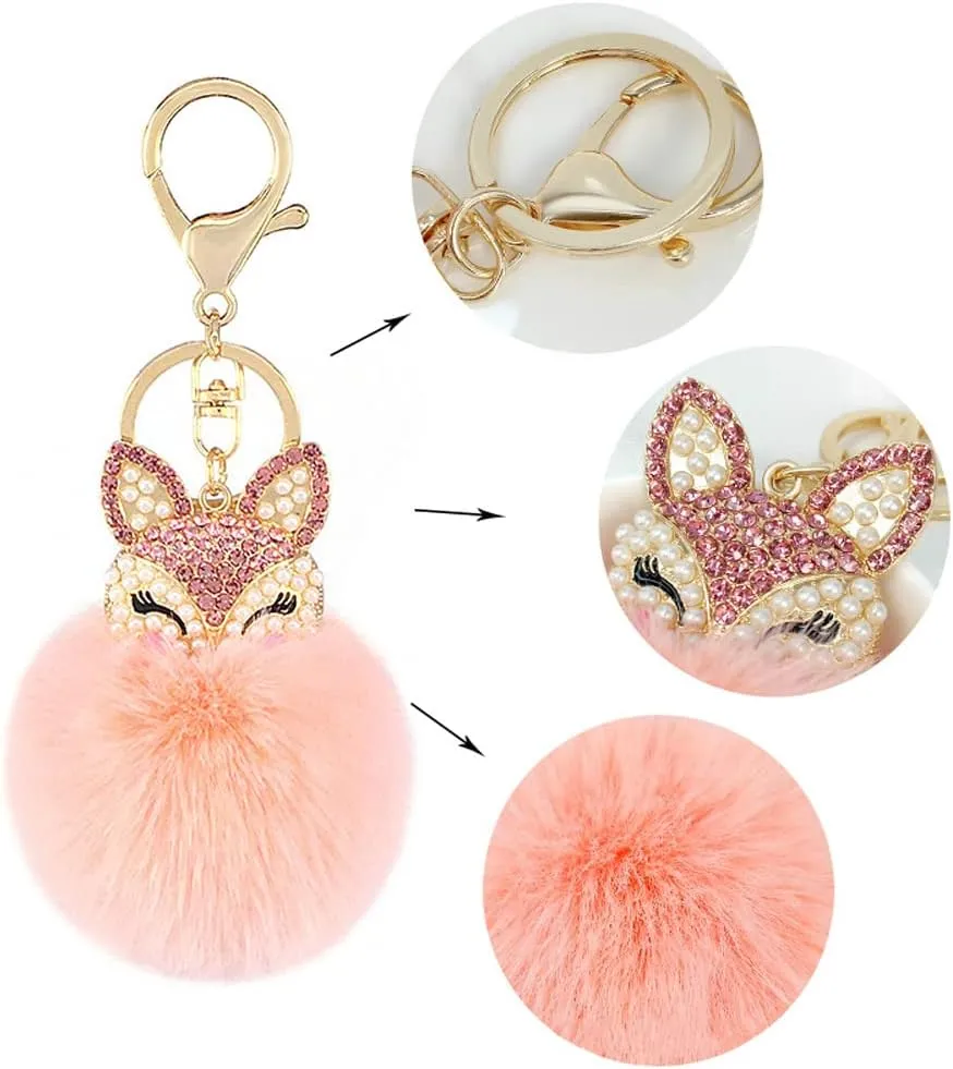 Fur Ball Pom Pom Keychain with Cute Alloy Fox Head Studded with Rhinestone Fashion Bag Charm Pendant for Women Girls