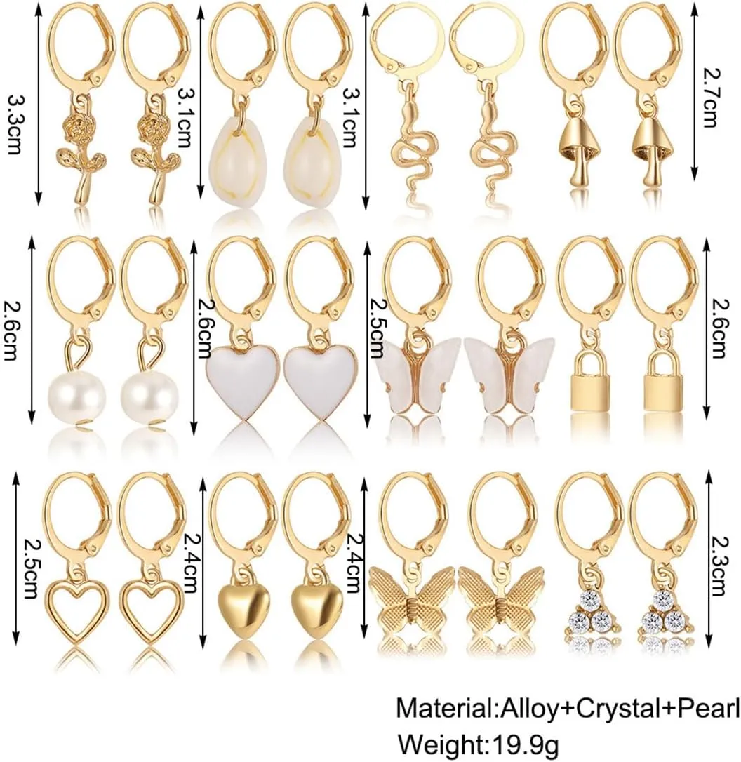 FUTIMELY 12 Pairs Gold Earrings Set for Women,Hypoallergenic Fashion Heart Butterfly Snake Pearl Link Drop Dangle Earrings Multipack Hoop Earring Jewelry (12pcs-Gold)