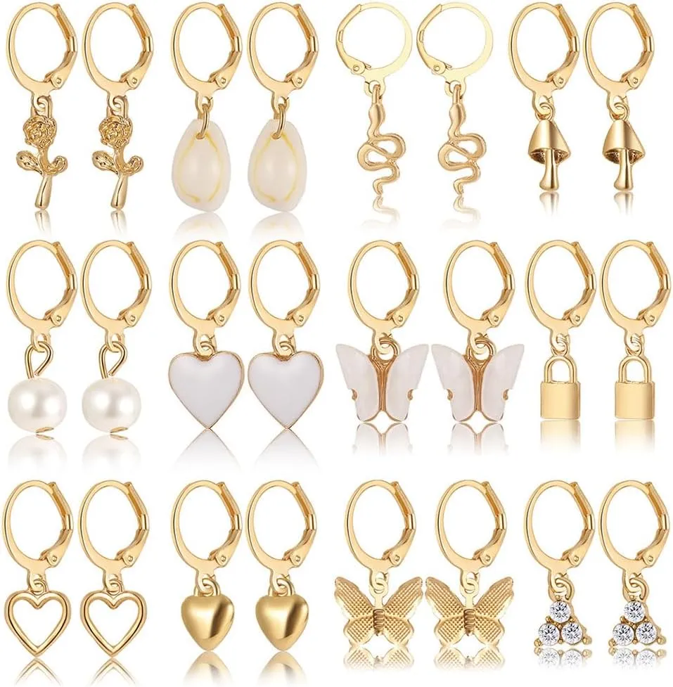 FUTIMELY 12 Pairs Gold Earrings Set for Women,Hypoallergenic Fashion Heart Butterfly Snake Pearl Link Drop Dangle Earrings Multipack Hoop Earring Jewelry (12pcs-Gold)