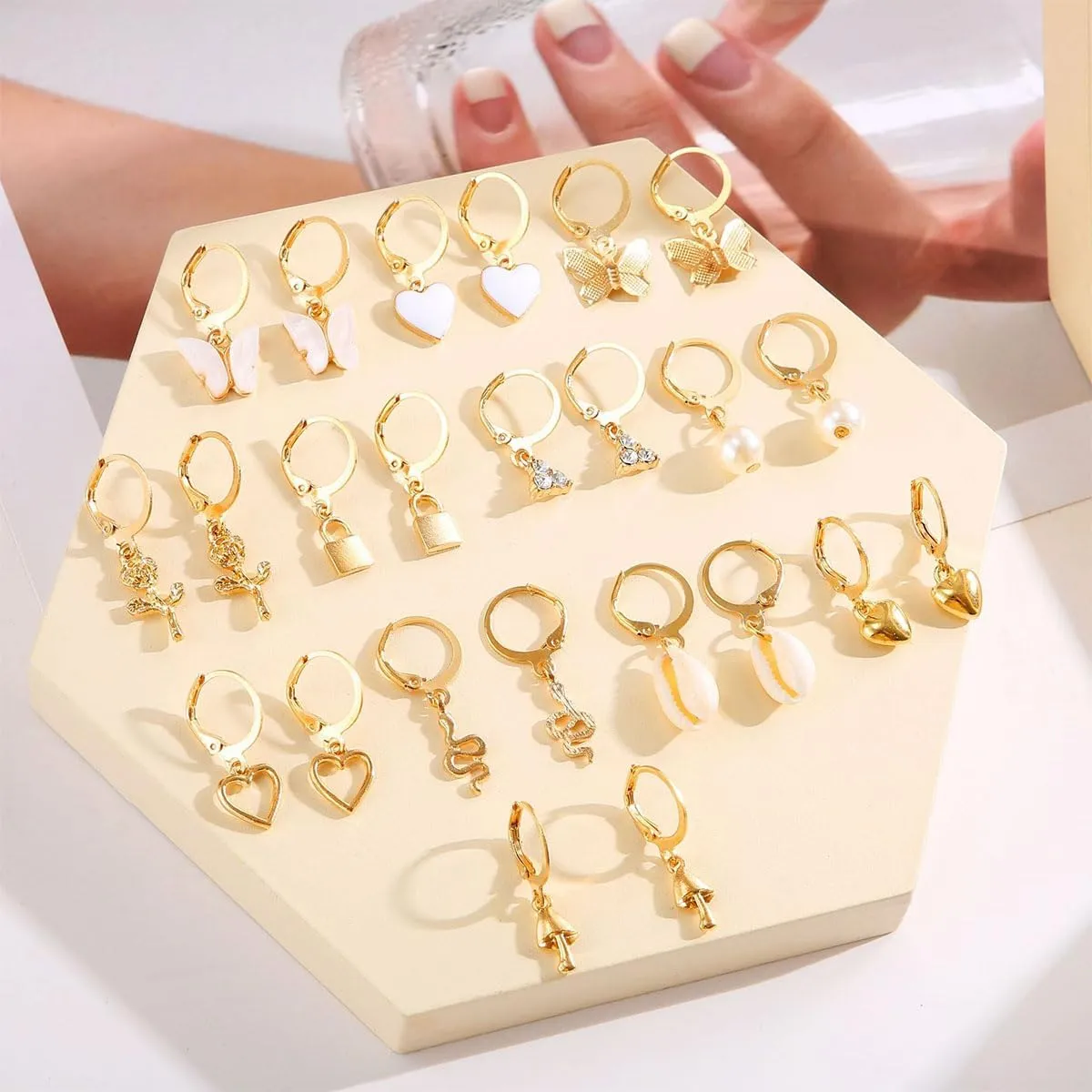 FUTIMELY 12 Pairs Gold Earrings Set for Women,Hypoallergenic Fashion Heart Butterfly Snake Pearl Link Drop Dangle Earrings Multipack Hoop Earring Jewelry (12pcs-Gold)